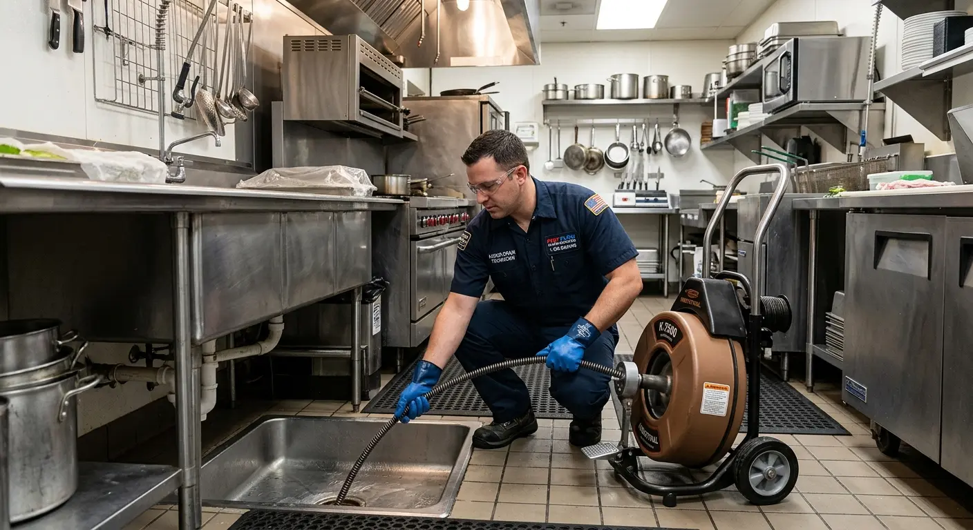 Commercial drain cleaning service in a restaurant kitchen in Visalia