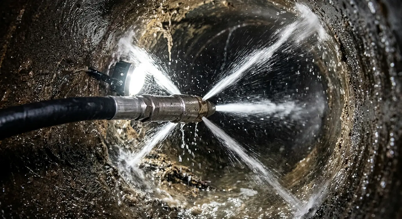 High-pressure hydro jetting nozzle cleaning sewer pipe for Sewer Cleanout in Visalia