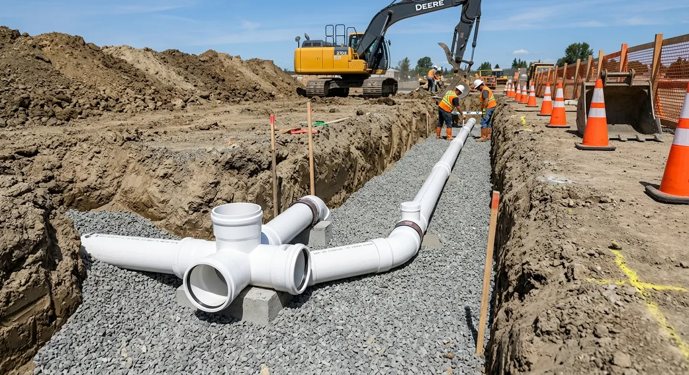 New PVC sewer pipe installation in open trench for Sewer Camera Inspection in Visalia