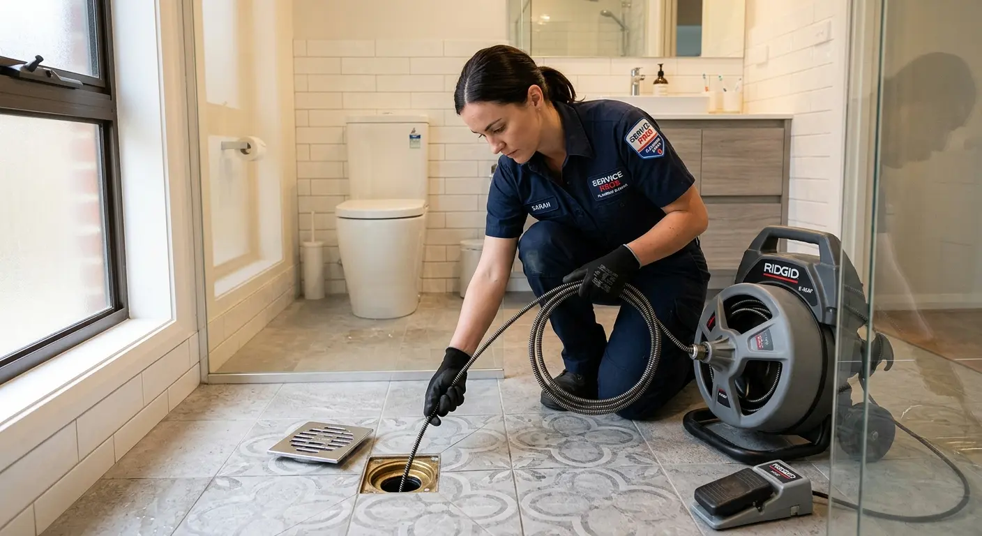 Technician clearing a bathroom floor drain for Sewer Line Replacement in Visalia
